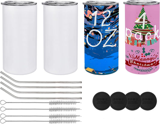 4 Pack: 12oz Sublimation Tumbler Blanks | Tumbler Cups | Straight Skinny Insulated Cup | Stainless Steel Bottle with Lid and Straw