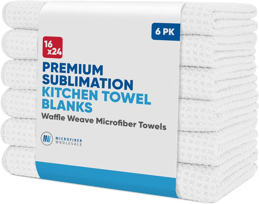 6 Pack: Microfiber Sublimation Kitchen Towels | 16" x 24" Premium Sublimation Blank Towels | Waffle Weave Microfiber | Tea Towels