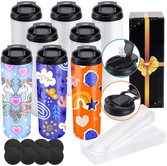 12 Pack: 20oz Sublimation Tumblers | Dual Opening Blank Bottles | Triple-Insulated | Stainless Steel Bottle with Straw Lid, Rubber Base