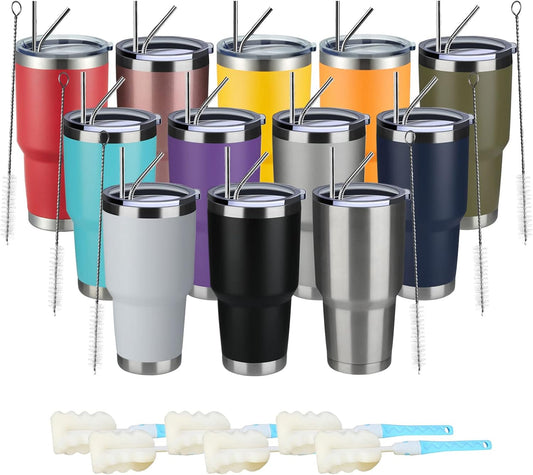 12 Pack: 30oz Insulated Tumblers | With Lids and Straws | Stainless Steel Double Vacuum Tumbler Cup