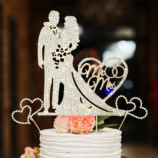 Mr and Mrs Cake Topper 3PC Set | Rhinestone Metal Love Wedding Cake Topper | Crystal Heart Shaped Cake Toppers | Diamond Bride and Groom