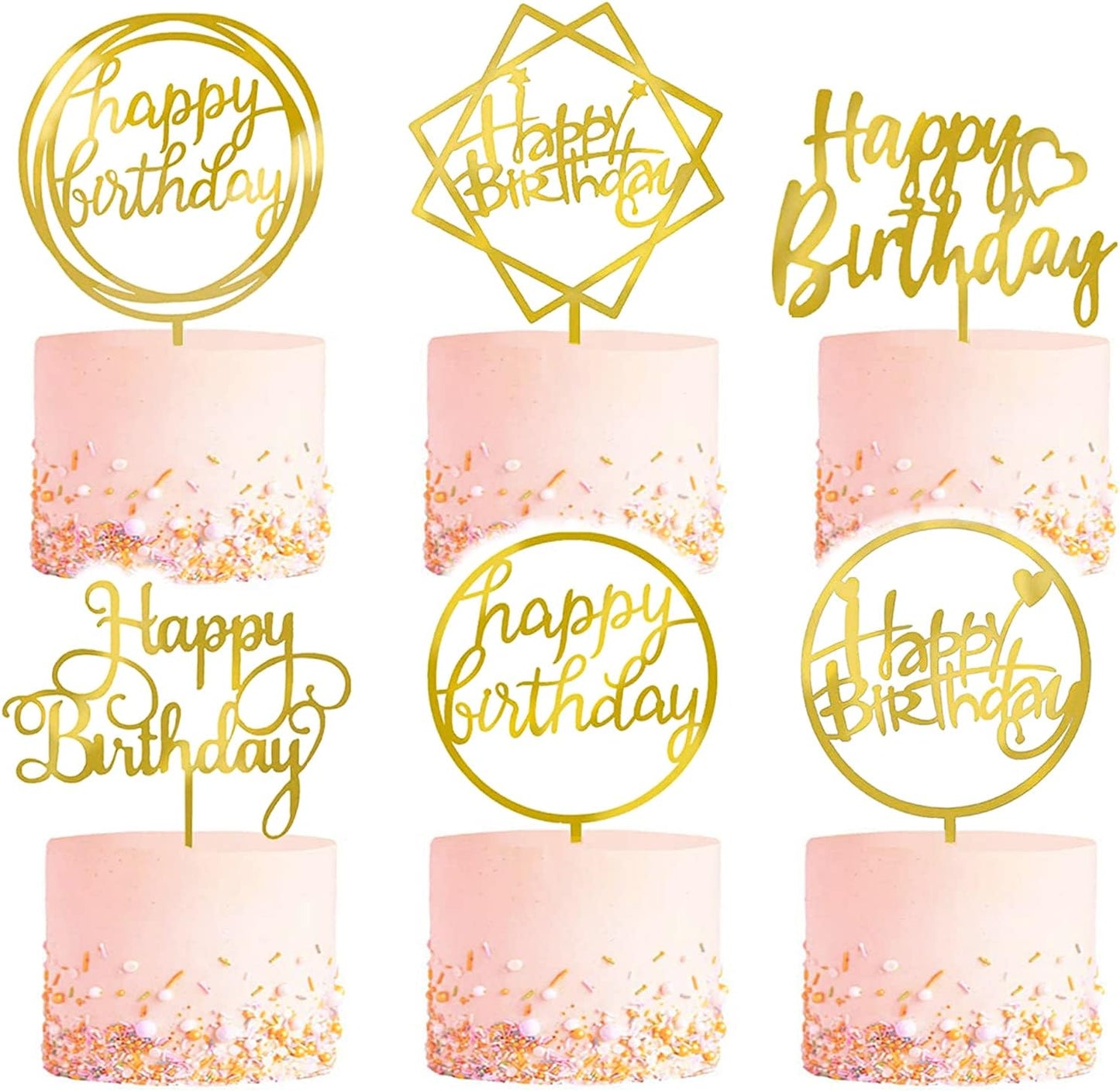 6 Pack: Happy Birthday Gold Cake Topper Set | Double-Sided Glitter | Acrylic Cake Toppers | Cupcake Toppers