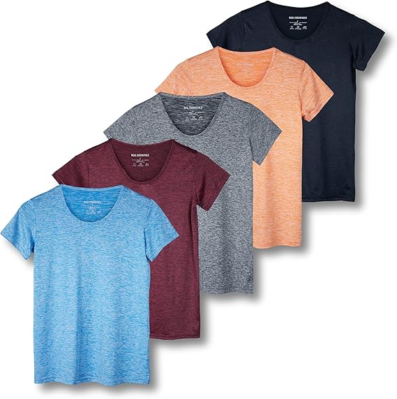 5 Pack: Women's Short Sleeve Crew Neck Athletic Dry-Fit T-Shirts (Available in Plus Size)