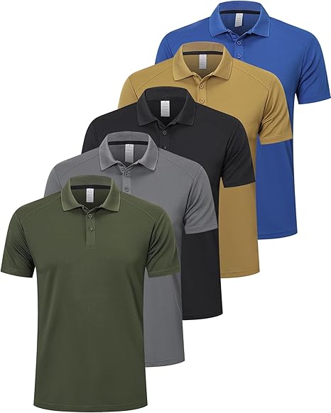 5 Pack: Men's Polo Shirts | Moisture Wicking | Short Sleeve | Quick Dry