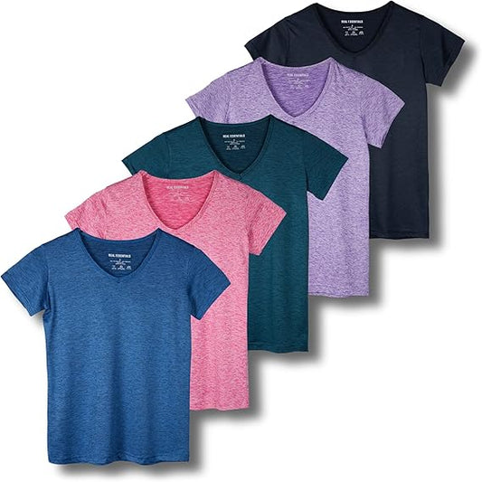 5 Pack: Women's Short Sleeve V-Neck Activewear Dry-Fit T-Shirts (Available in Plus Size)